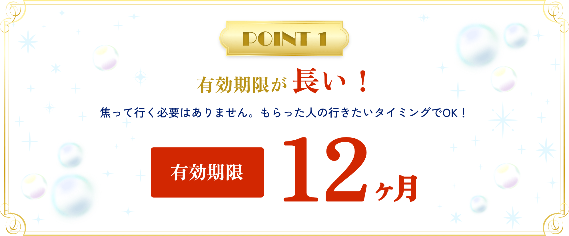 【POINT1】有効期限が長い！焦っていく必要はありません。もらった人の行きたいタイミングでOK！有効期限12ヶ月