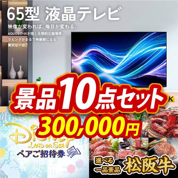 アミューズメント景品　10点セット 新年会景品10点セット【AQUOS 4K65型 液晶テレビ/ディズニーペア