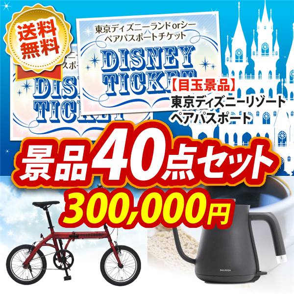 ビンゴ景品40点セット【ディズニーペアチケット/折りたたみ自転車16インチ 他】A3パネル・目録付き<送料無料>