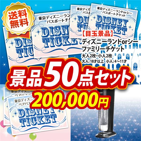 ビンゴ景品50点セット【ディズニーファミリーチケット(大人2枚  小人2枚)/ディズニーペアチケット 他】A3パネル・目録付き<送料無料>