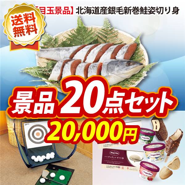 ゴルフコンペ景品20点セット【北海道産　銀毛新巻鮭姿切り身/ペタピンアプローチ 他】A3パネル・目録付き<送料無料>