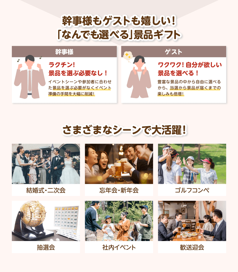 幹事様もゲストも嬉しい!「なんでも選べる」景品ギフト 幹事様:ラクチン!景品を選ぶ必要なし!イベントシーンや参加者に合わせた景品を選ぶ必要がなくイベント準備の手間を大幅に削減!/ゲスト:ワクワク!自分が欲しい景品を選べる!豊富な景品の中から自由に選べるから、当選から景品が届くまでの楽しみも倍増!/さまざまなシーンで大活躍!結婚式・二次会・忘年会・新年会・ゴルフコンペ・抽選会・社内イベント・歓送迎会