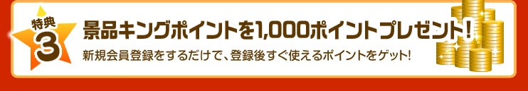 【特典3】景品キングポイントを1,000ポイントプレゼント！新規会員登録するだけで、登録後すぐ使えるポイントをゲット！